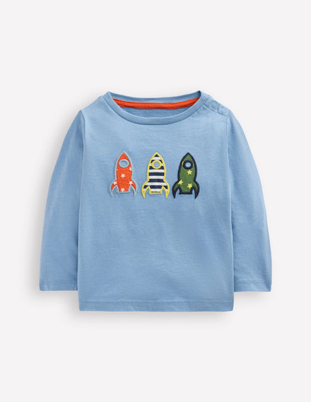 Long Sleeve Applique T-Shirt-Blue Rockets