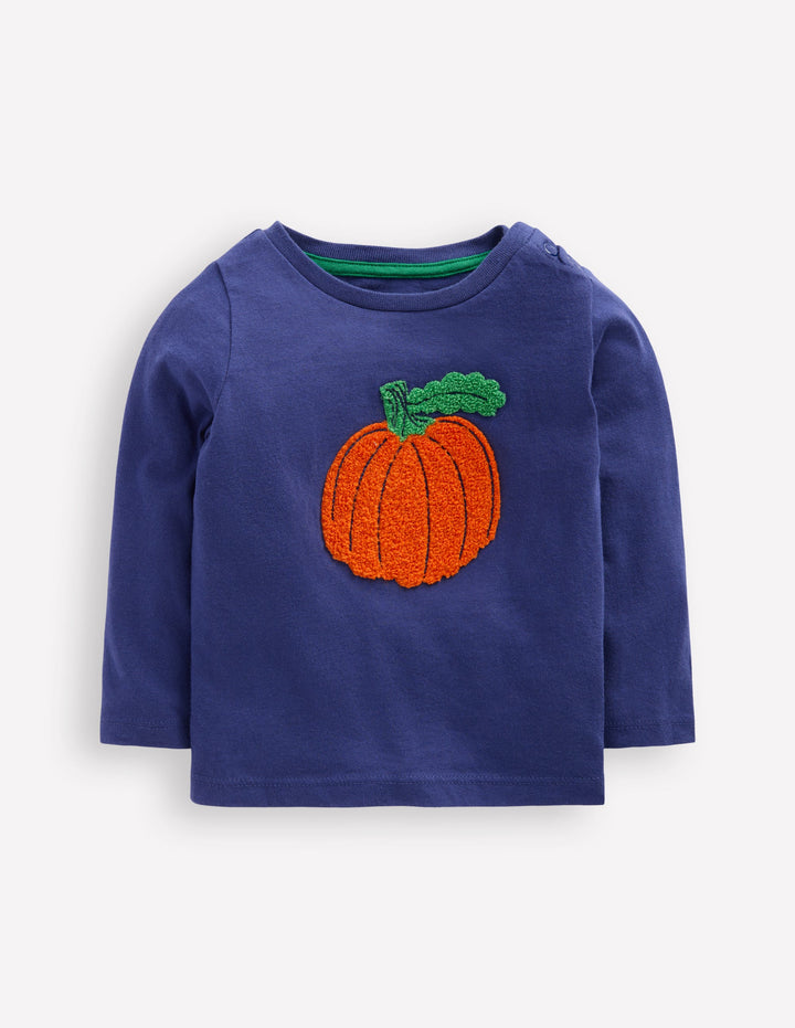 Long Sleeve Applique T-Shirt-Navy Pumpkin