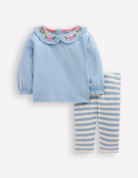 Collared Jersey Set-Blue Floral Embroidery