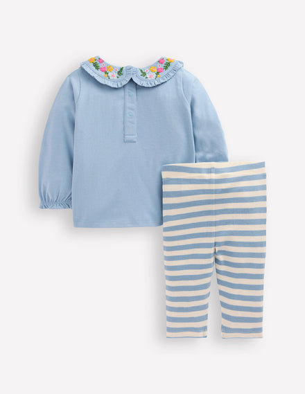 Collared Jersey Set-Blue Floral Embroidery