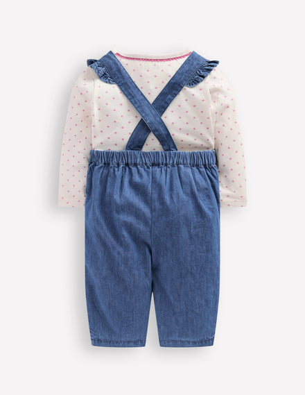 Woven Dungaree Set-Blue Chambray Embroidery