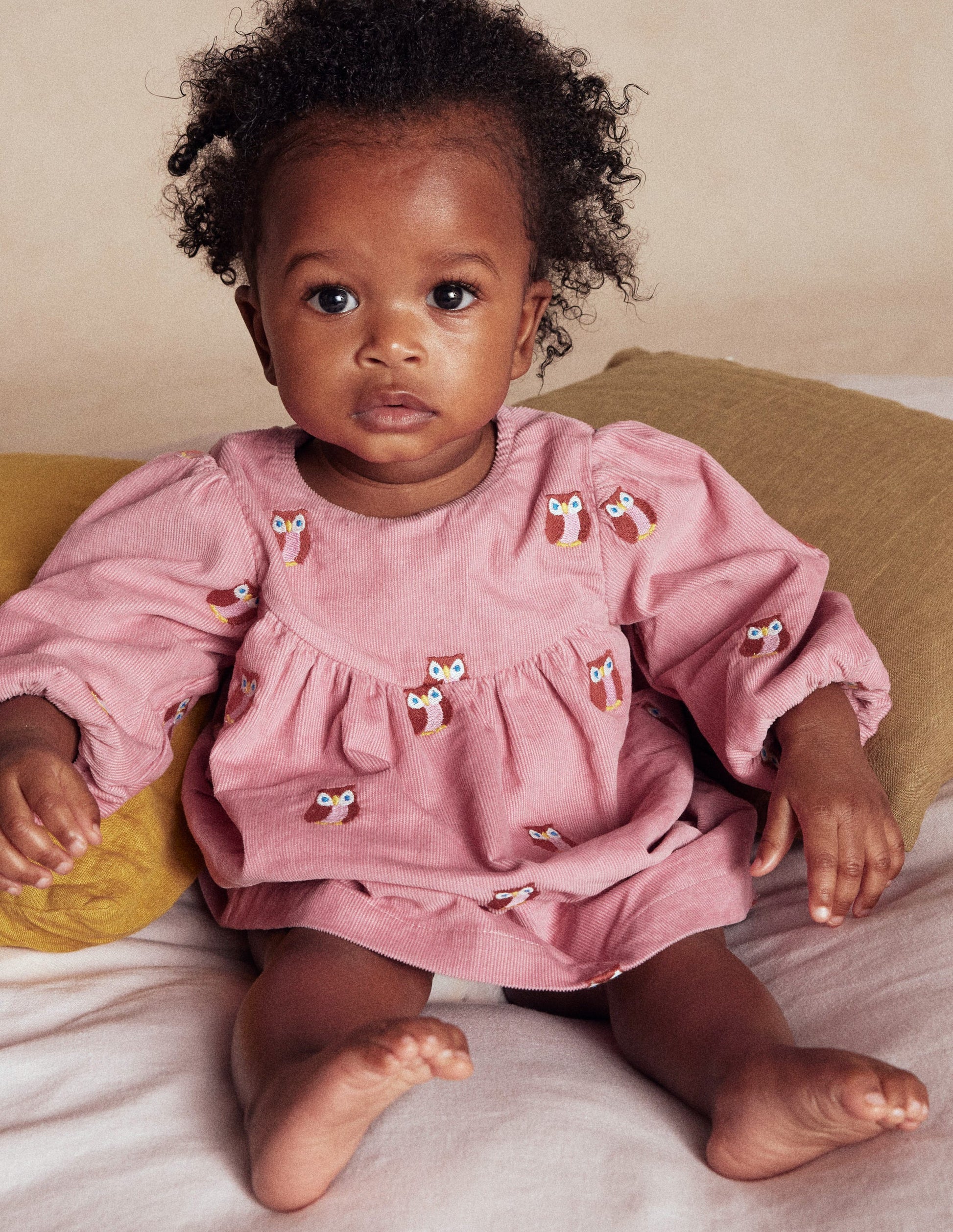 Yoke Detail Woven Dress-Pink Embroidered Owls-1