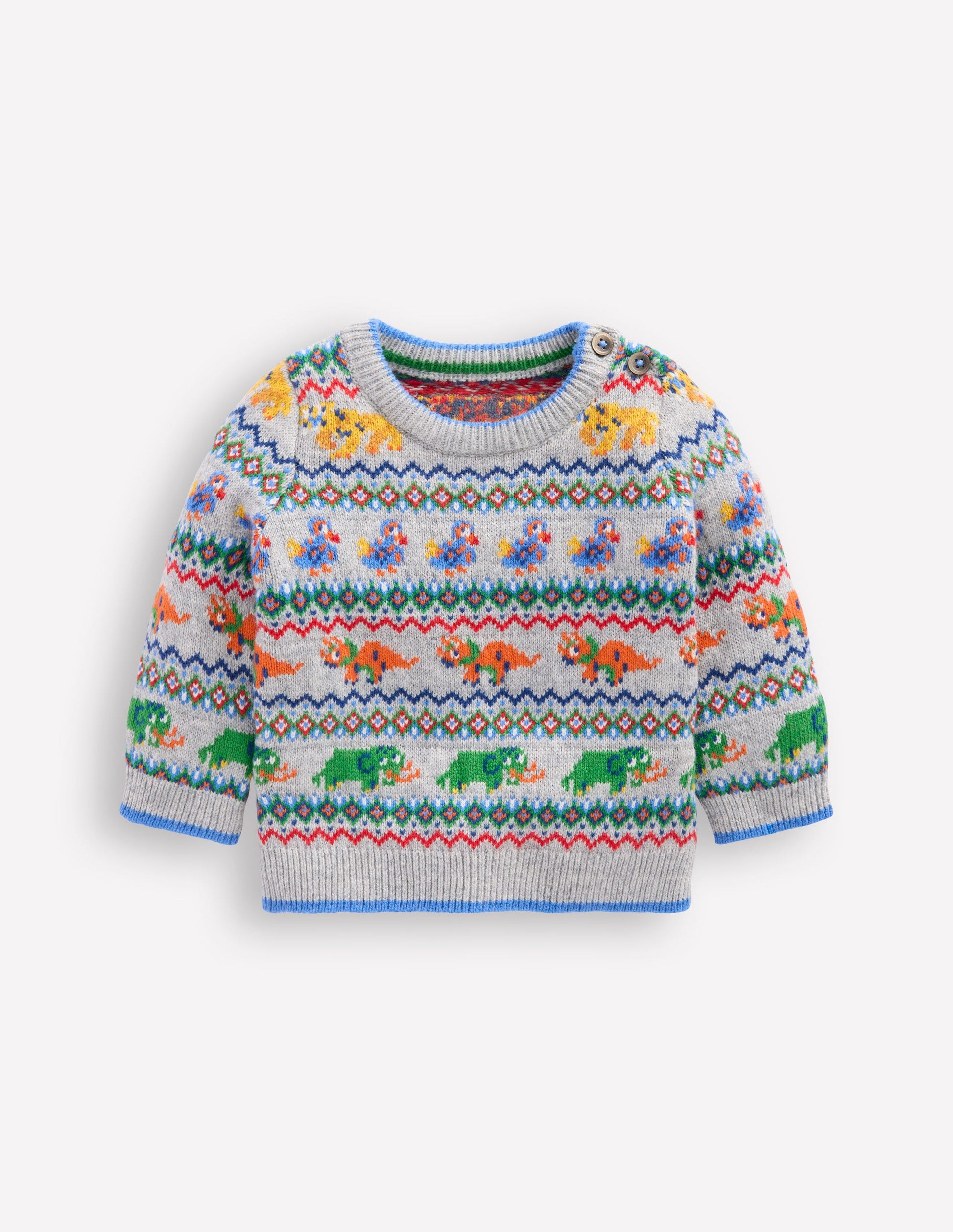 Fair Isle Button Jumper-Grey Marl Prehistoric Animals-2
