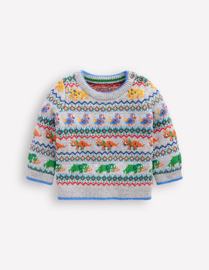 Fair Isle Button Jumper-Grey Marl Prehistoric Animals-2