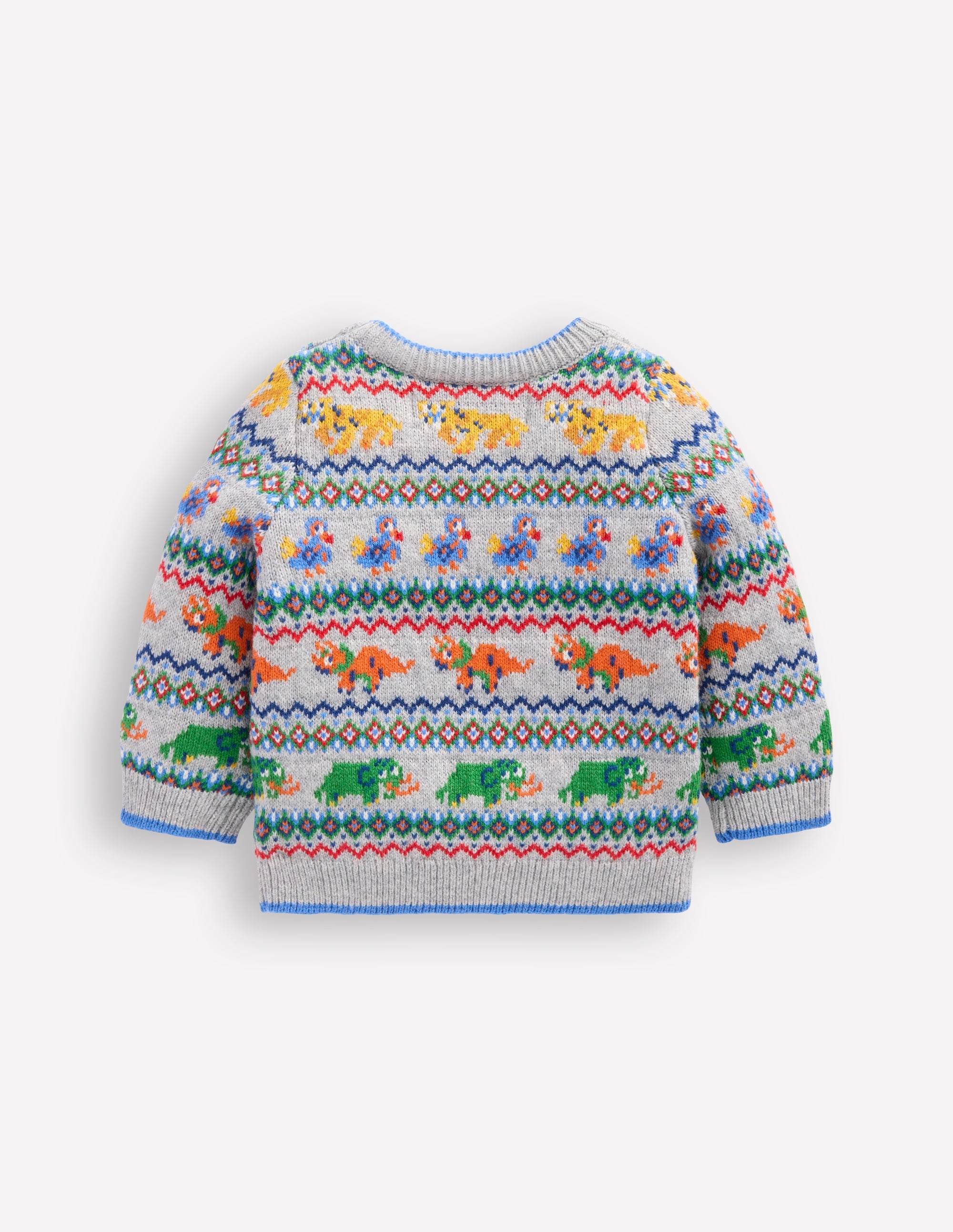 Fair Isle Button Jumper-Grey Marl Prehistoric Animals - Image 2