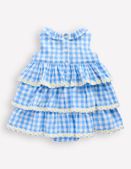 Ruffle Woven Romper-Gingham Daisies