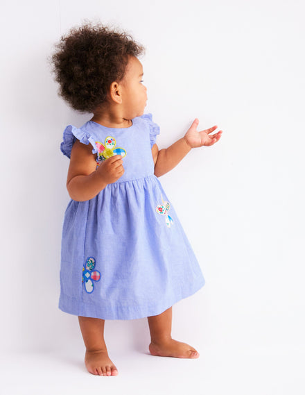 Woven Frill Dress-Blue Patchwork Flower