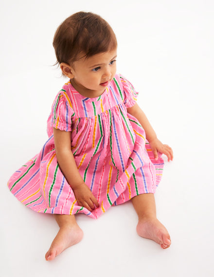 Gathered Woven Dress-Neon Pink Multi Stripe