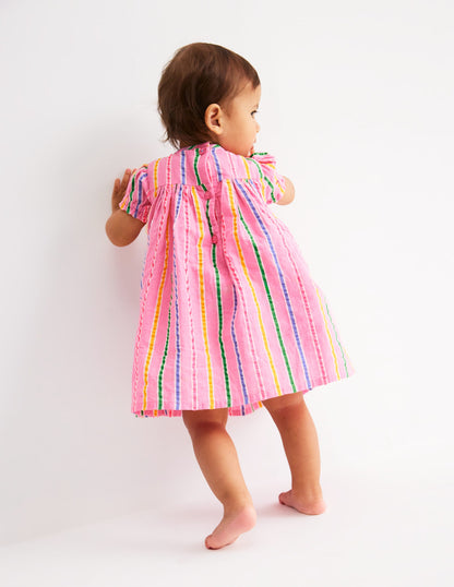 Gathered Woven Dress-Neon Pink Multi Stripe-3