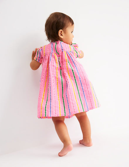 Gathered Woven Dress-Neon Pink Multi Stripe