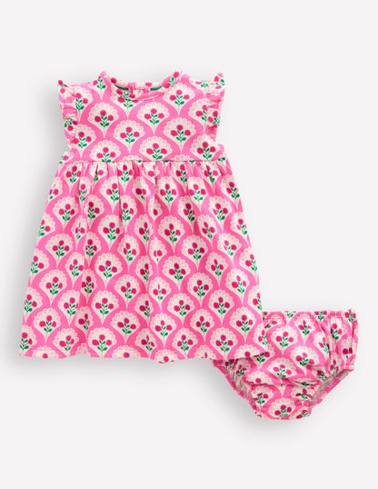 Jersey Frill Sleeve Dress-Pink Rose Woodblock Floral-4