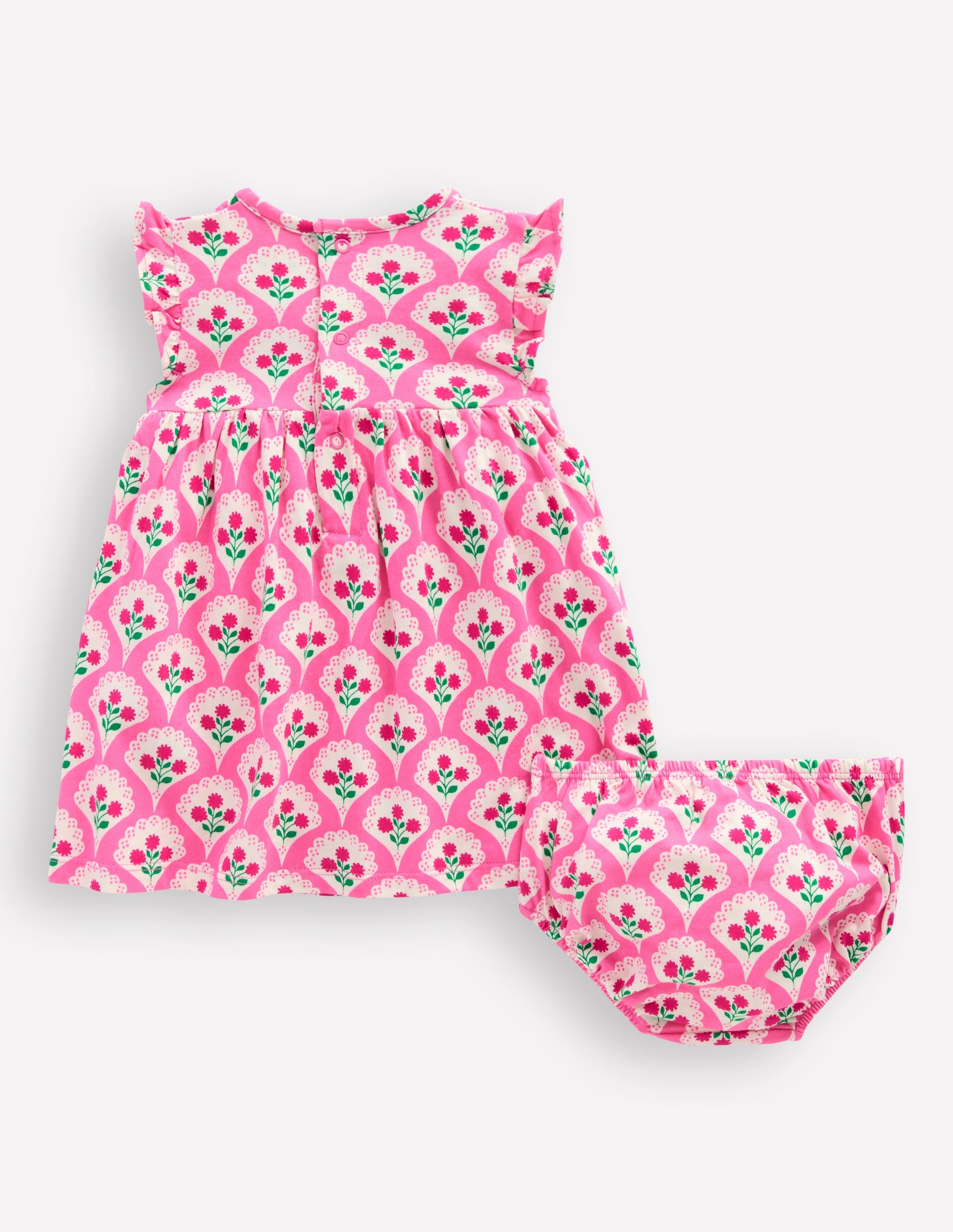 Jersey Frill Sleeve Dress-Pink Rose Woodblock Floral-5