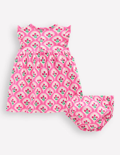 Jersey Frill Sleeve Dress-Pink Rose Woodblock Floral-5