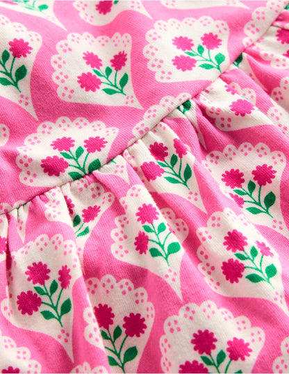 Jersey Frill Sleeve Dress-Pink Rose Woodblock Floral-6