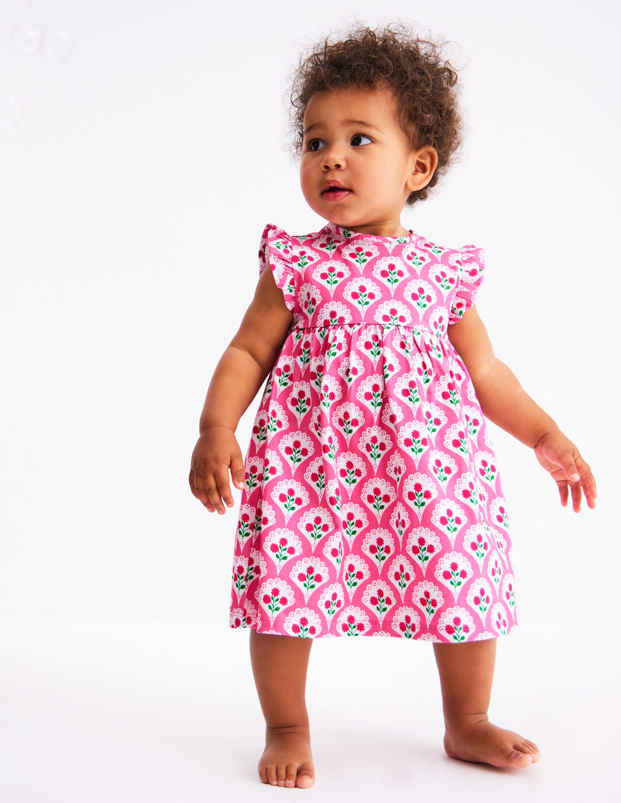 Jersey Frill Sleeve Dress-Pink Rose Woodblock Floral - Image 1