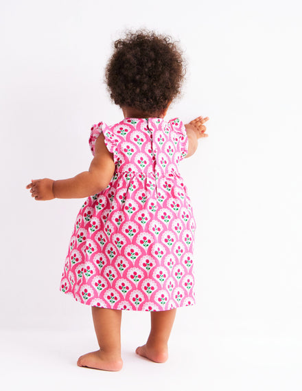Jersey Frill Sleeve Dress-Pink Rose Woodblock Floral
