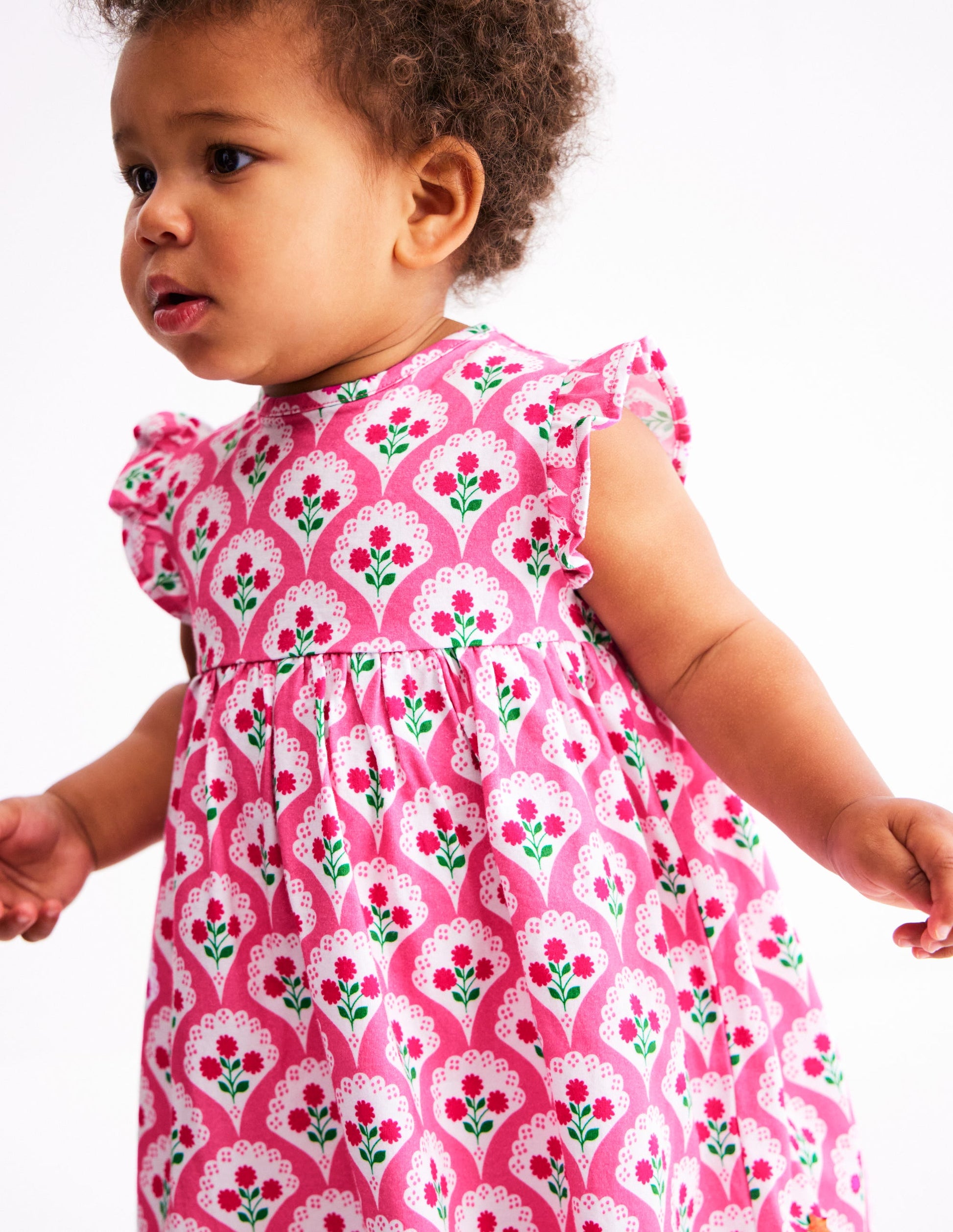Jersey Frill Sleeve Dress-Pink Rose Woodblock Floral-3