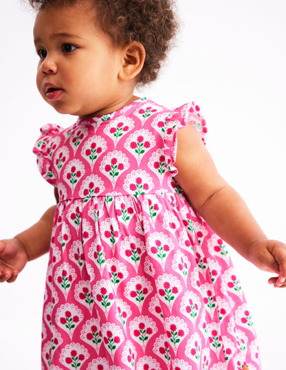 Jersey Frill Sleeve Dress-Pink Rose Woodblock Floral-3