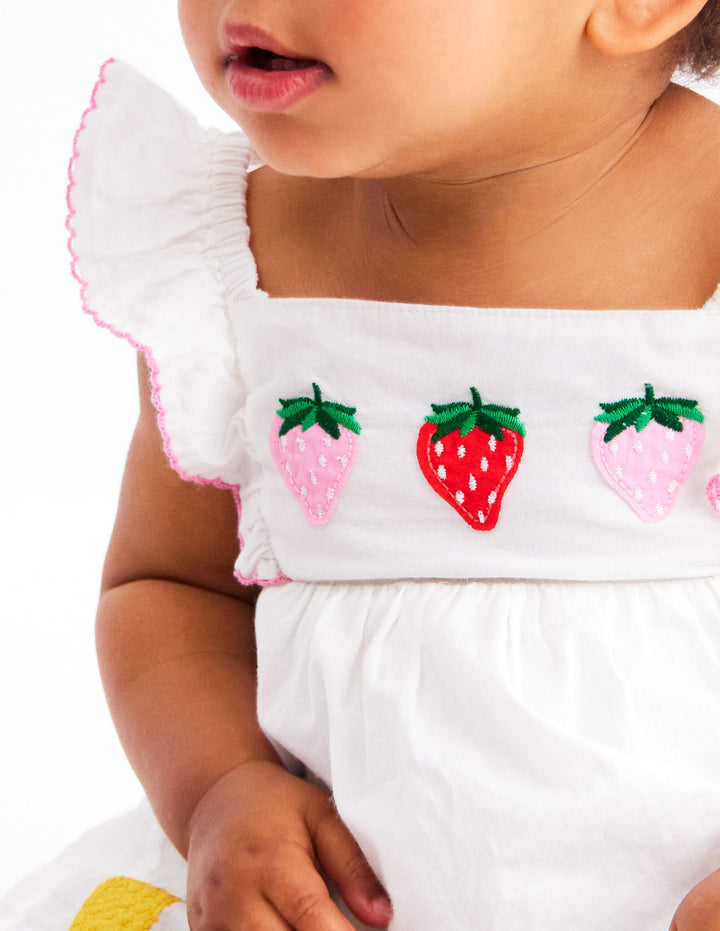 Appliqué Ruffle Dress-Soft Ivory Fruit