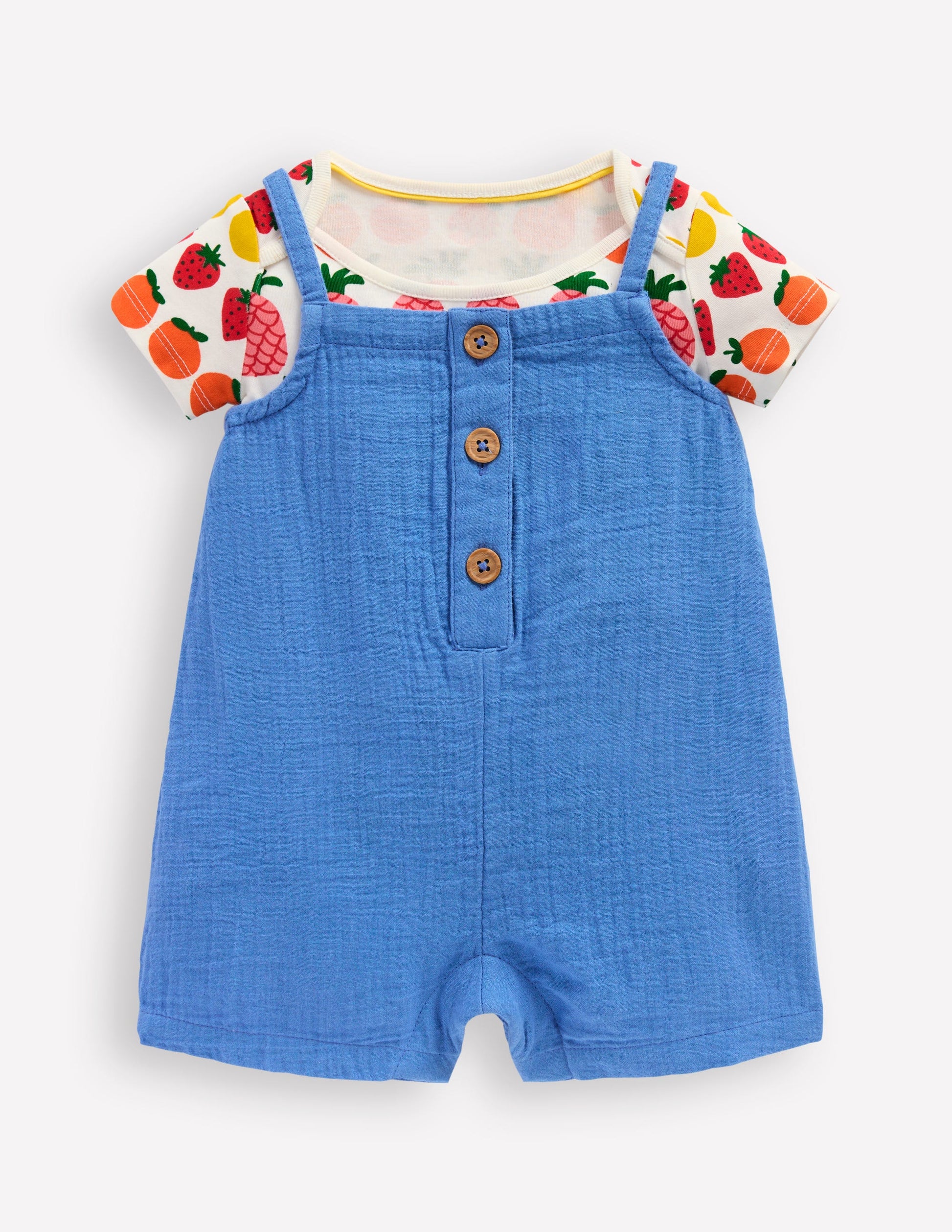Double Cloth Dungaree Set-Peacock Plume Blue Fruit-5