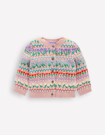 Edie Fair Isle Cardigan-Bubblegum Pink Flowers-1