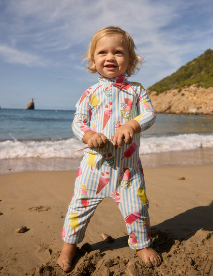 Printed Sun Safe Surfsuit-Vintage Blue Ice Cream Stripe