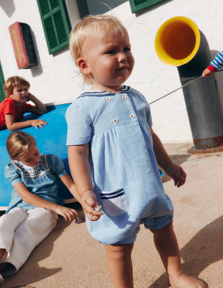 Boys Heritage Nautical Romper-Vintage Blue Ticking Stripe