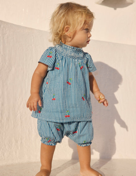 Smocked Play Set-Blue Ticking Cherries