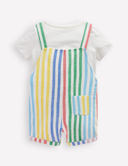 Button Dungaree Set-Multi Stripe