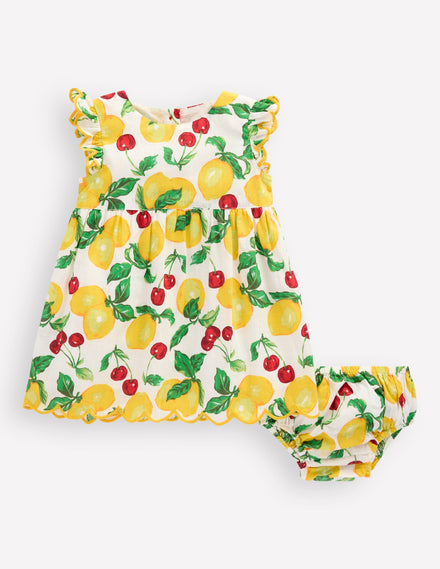 Woven Frill Dress-Soft Ivory Lemons and Cherries