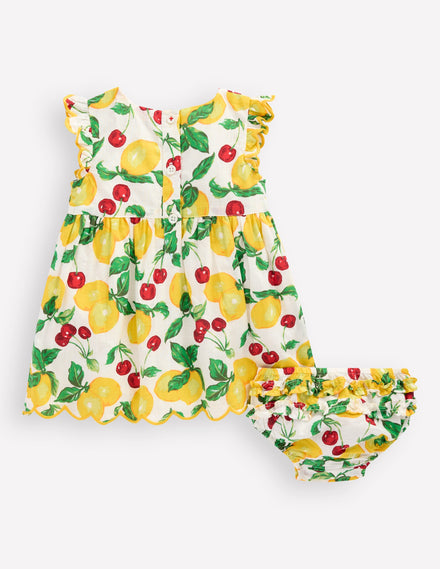 Woven Frill Dress-Soft Ivory Lemons and Cherries