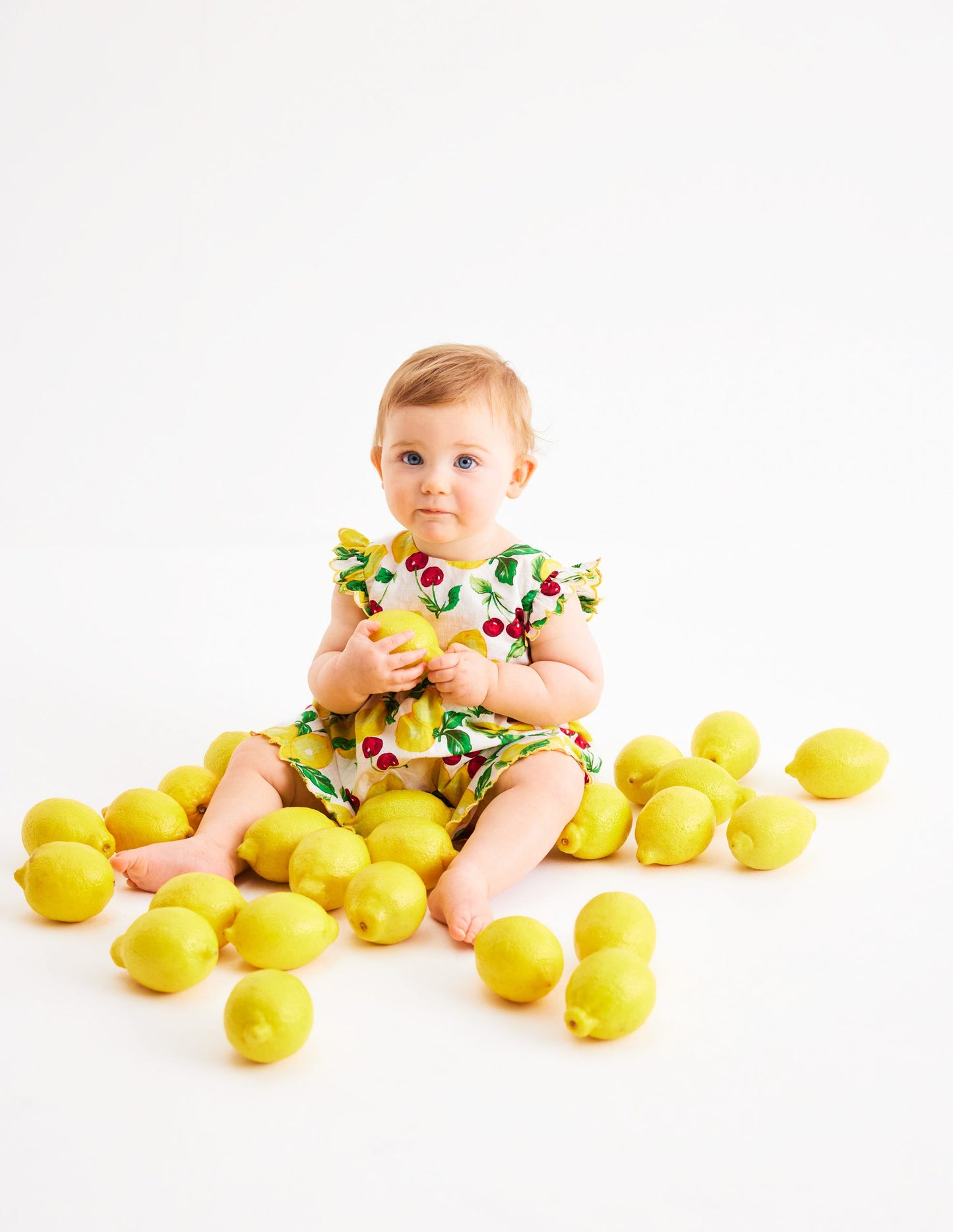 Woven Frill Dress-Soft Ivory Lemons and Cherries