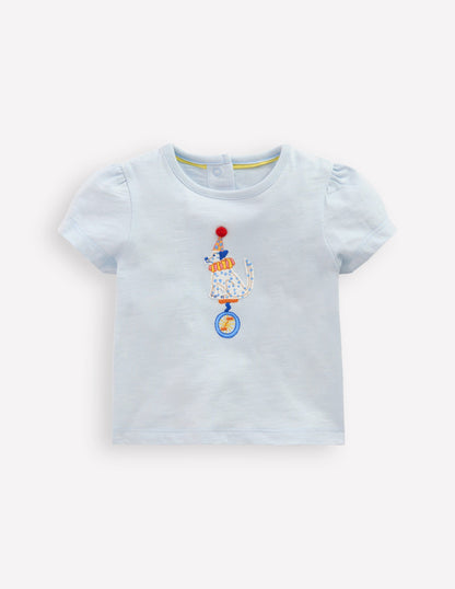Girls Puff Sleeve Logo T-Shirt-Cloud Blue Dalmation Unicycle-1