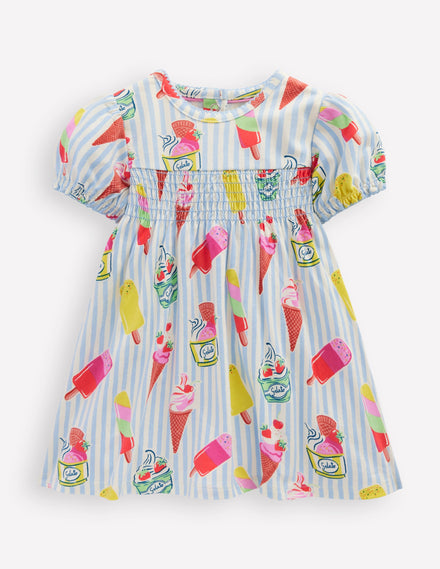 Shirred Jersey Dress-Blue Ice Creams