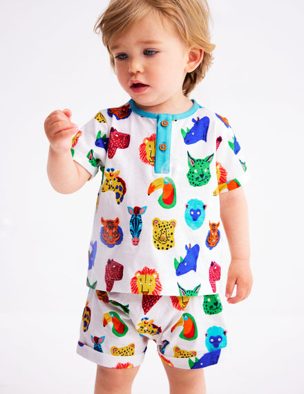 Short Sleeve Printed Play Set-Multi Jungle Faces