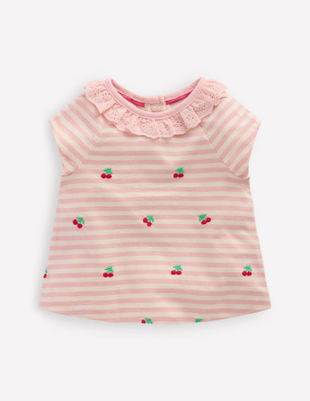 Embroidered Jersey Top-Soft Ivory/ Chalk Pink