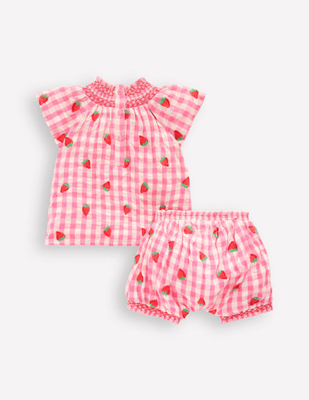 Smocked Play Set-Pink Rose Gingham Strawberries