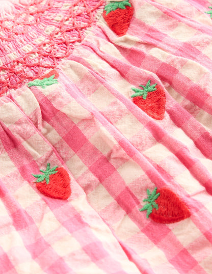 Smocked Play Set-Pink Rose Gingham Strawberries