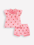 Smocked Play Set-Pink Rose Gingham Strawberries