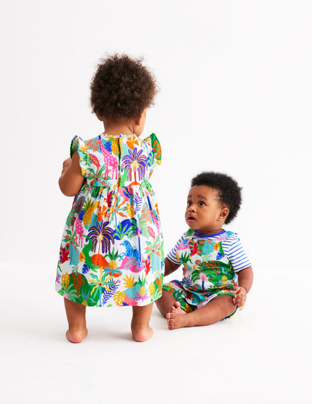 Jersey Frill Sleeve Dress-Coconut Milk Multi Jungle