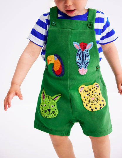 Boucle Jersey Dungaree Set-Green Jungle Animals-1