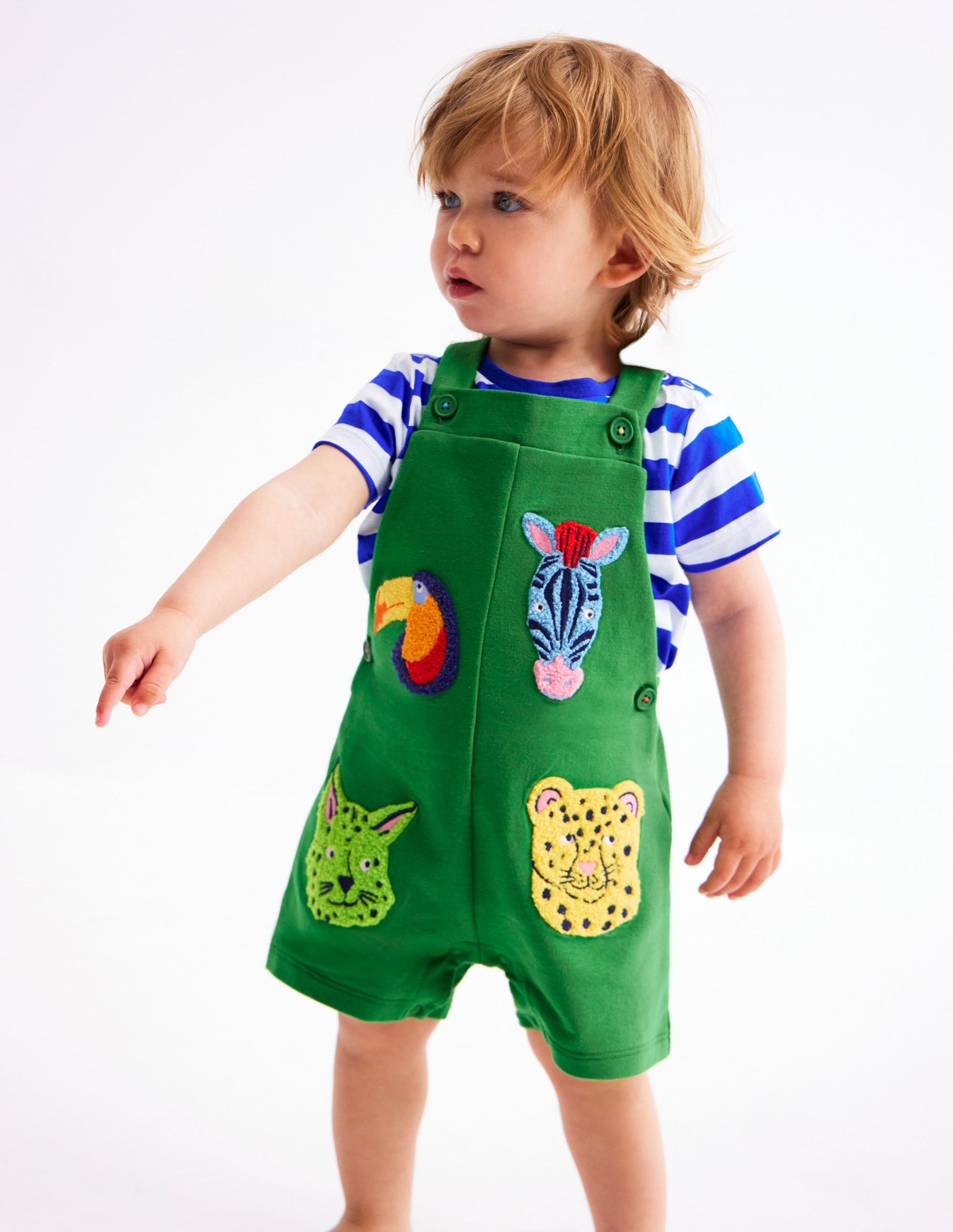 Boucle Jersey Dungaree Set-Green Jungle Animals-2