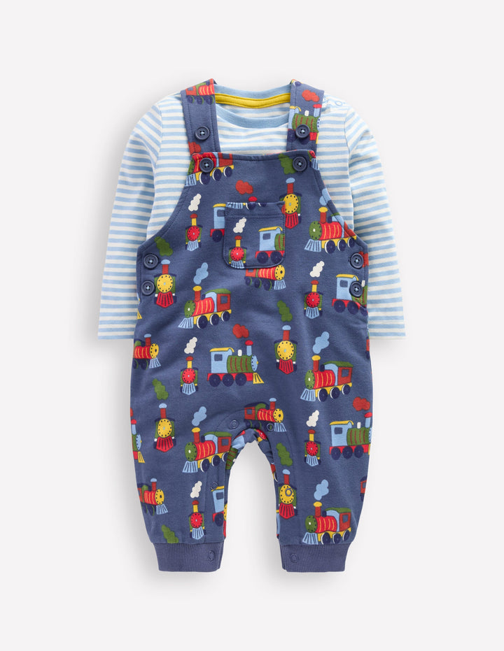Printed Jersey Dungaree Set-Blue Marl Trains