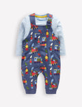 Jersey Dungarees Set-Blue Marl Trains
