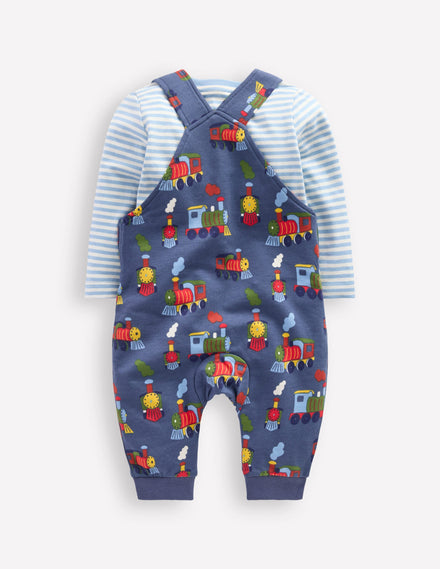 Printed Jersey Dungaree Set-Blue Marl Trains