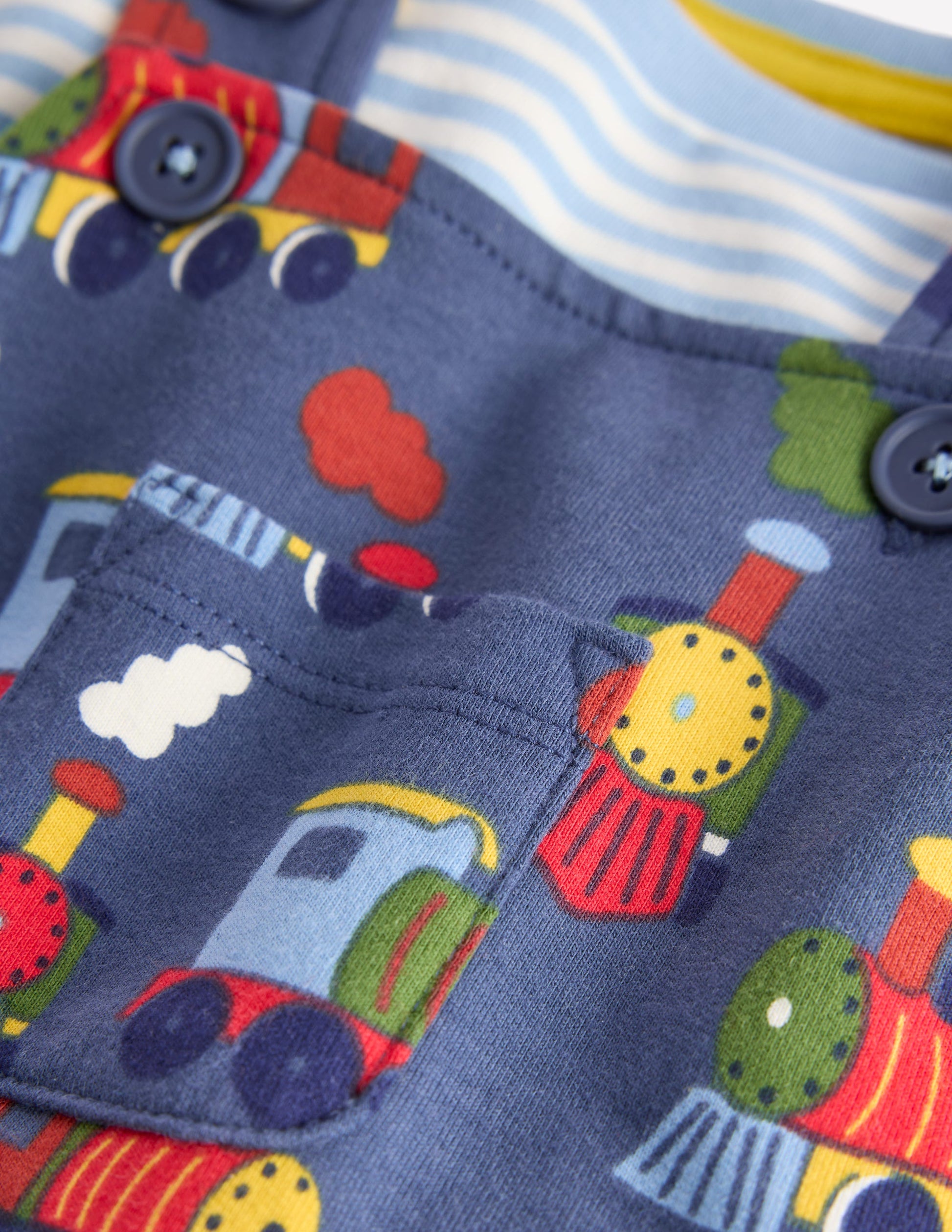 Printed Jersey Dungaree Set-Blue Marl Trains-3