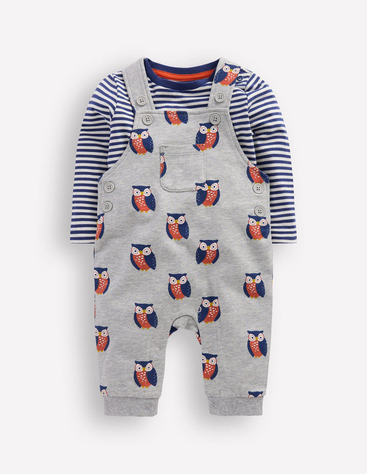 Printed Jersey Dungaree Set-Grey Marl Owls