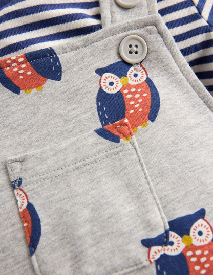 Printed Jersey Dungaree Set-Grey Marl Owls-3