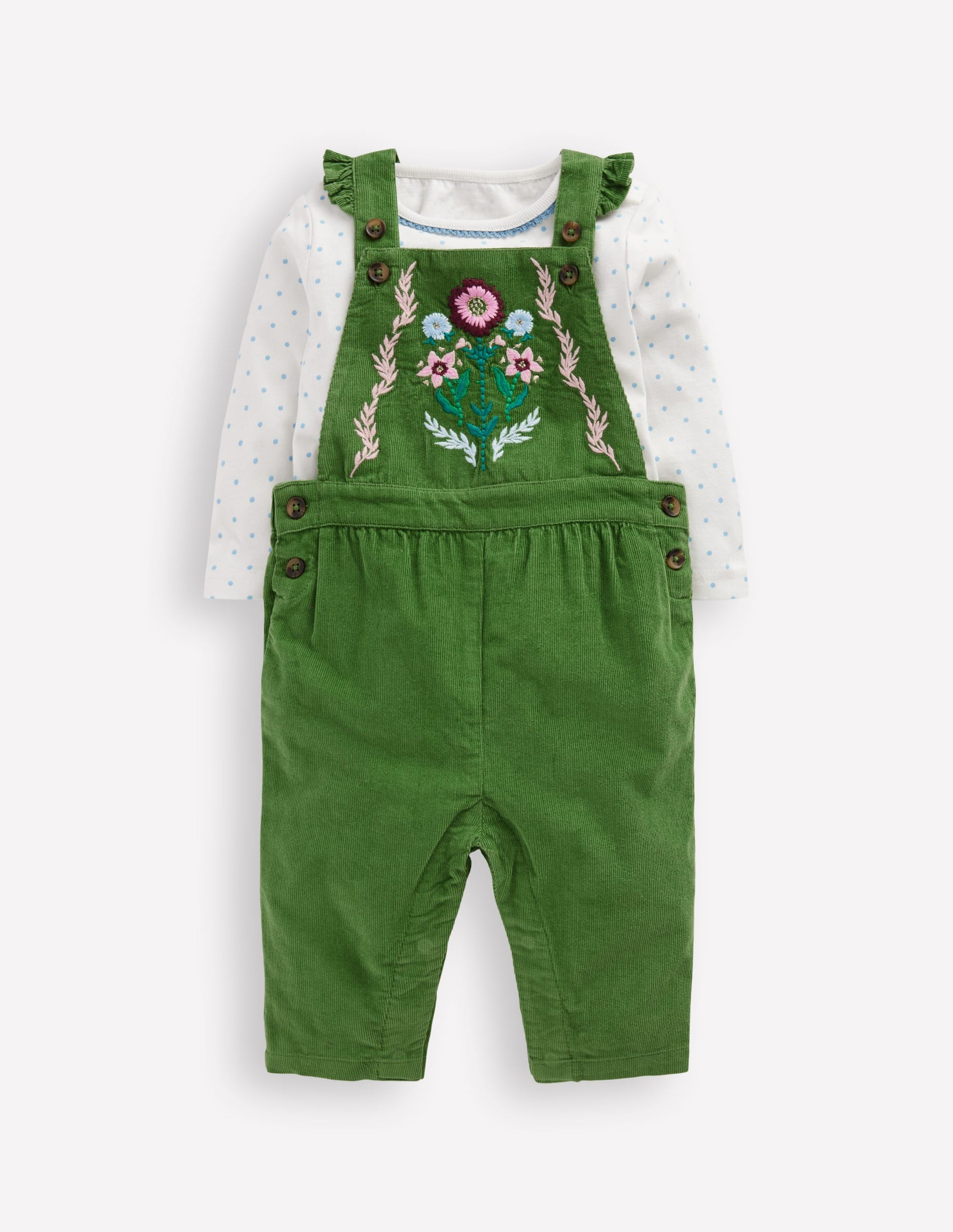Woven Dungaree Set-Broccoli Green Embroidered-1