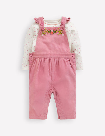 Woven Dungaree Set-Pink Haze Floral Embroidery